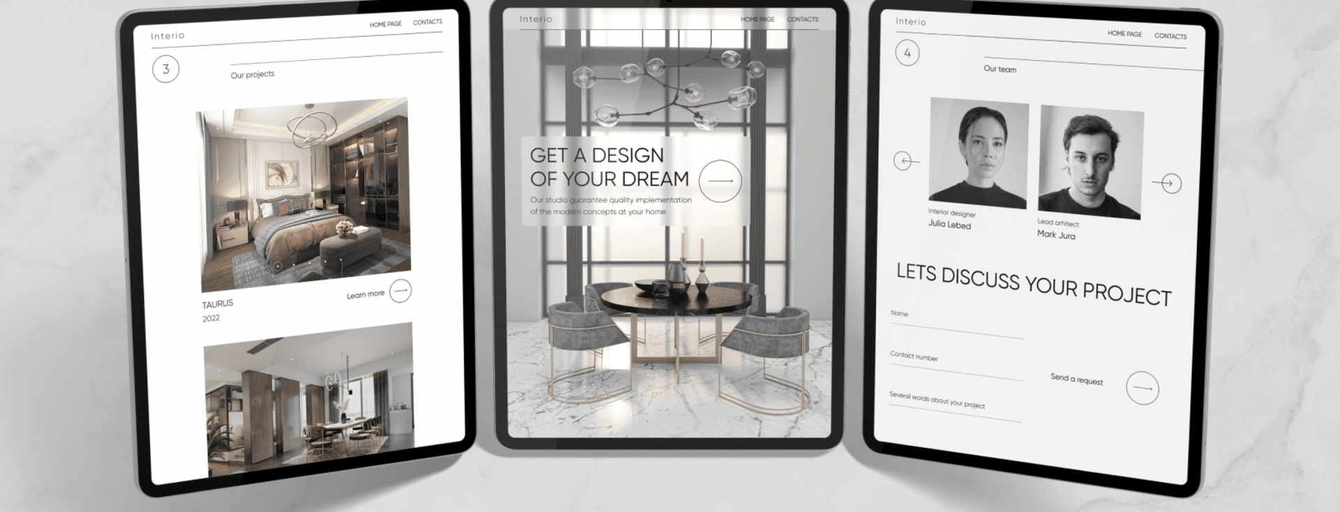 Веб-сайт Інтеріор дизайн представлений у трьох планшетах